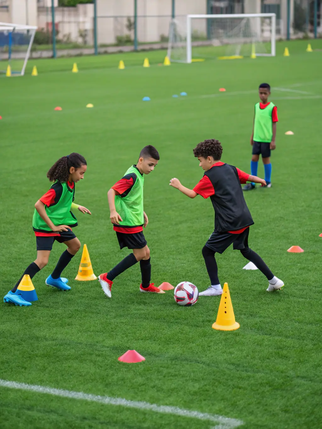A vibrant image of children participating in a soccer training session, showcasing skill development and teamwork.