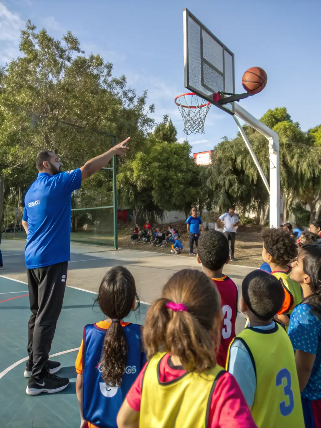 A group of children participating in a basketball training session at the AMT sports club, focusing on dribbling skills, with a coach providing guidance.