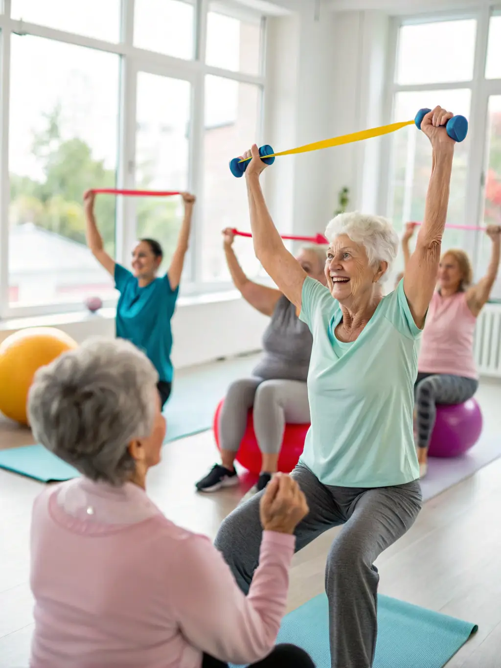A group of seniors participating in a gentle aerobics class at AMT, focusing on low-impact exercises and social interaction, with an instructor leading the session.