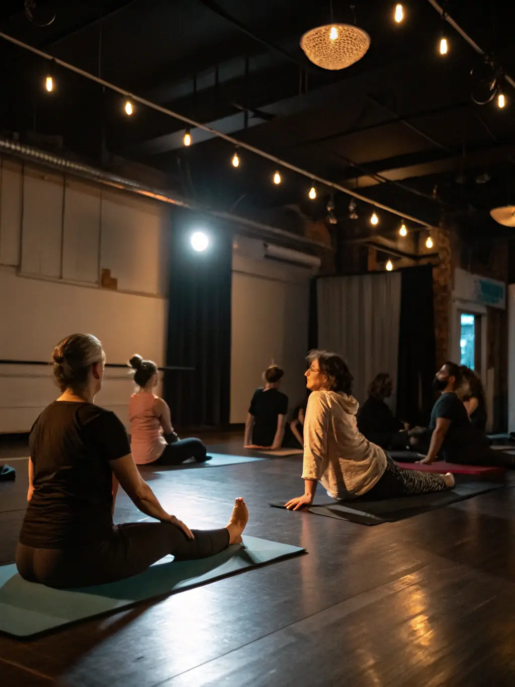 Adults practicing yoga poses in a well-lit studio at AMT, emphasizing flexibility and mindfulness, with an instructor leading the class.