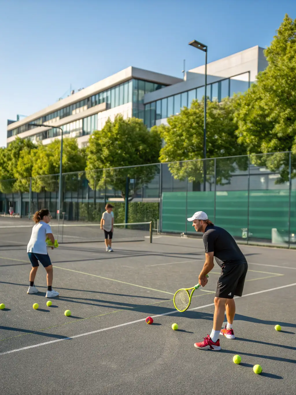 People playing tennis on an outdoor court at AMT, focusing on serving and volleying skills, with a coach providing instruction.